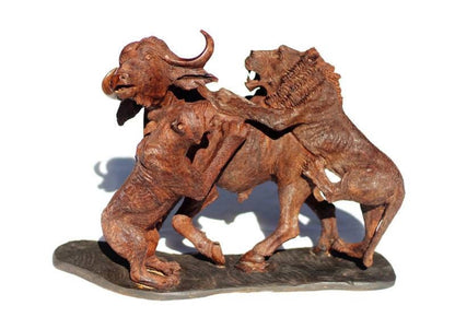 Fine Art Ironwood Handcarved 2 Lions Attacking a Cape Buffalo Masterpiece. African Big 5 Interior Decor. Zimbabwean Art Sculpture/Gifts