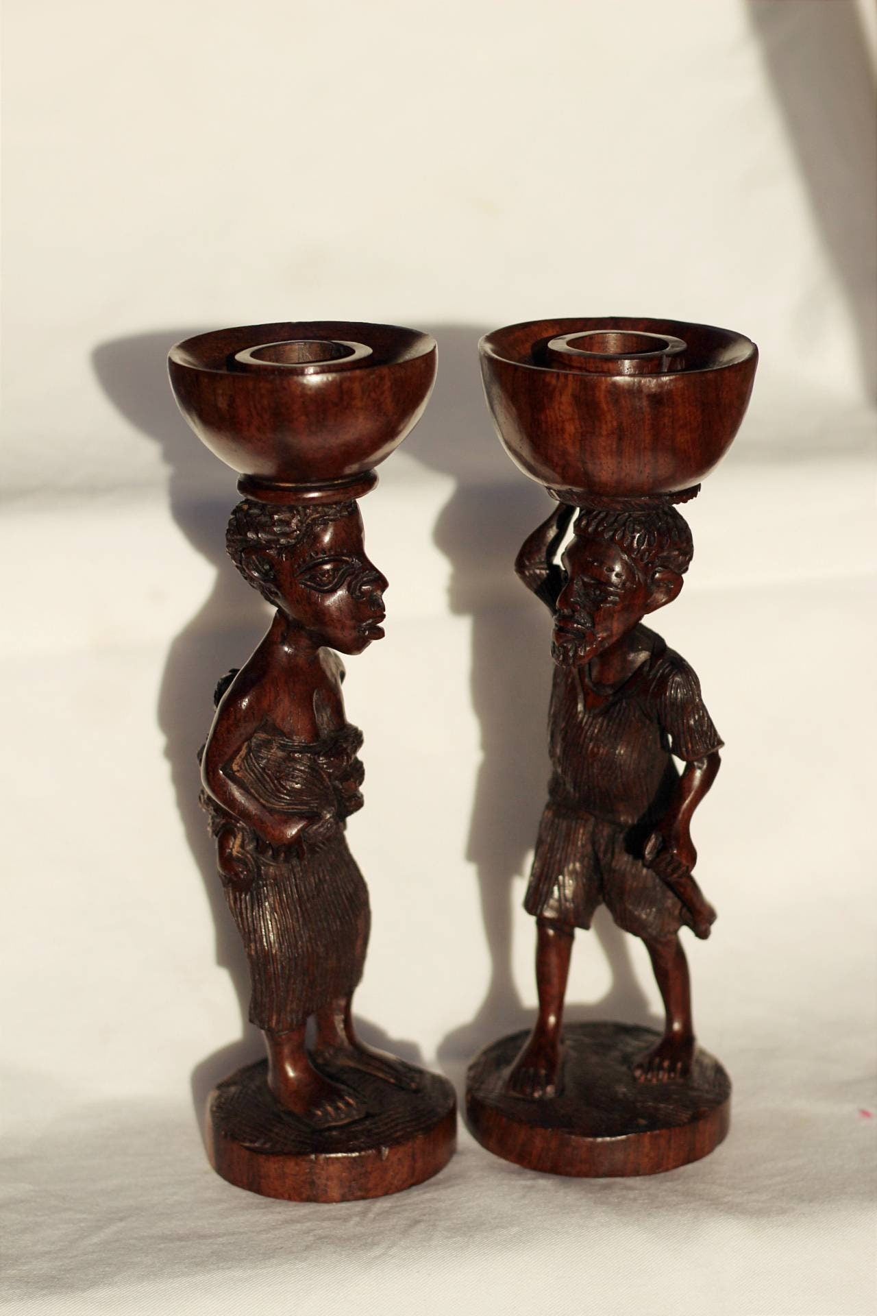 Large 10" African Village Couple candle Stands. Malawian Handcarved Ironwood Candlestick Holders. Ready to ship unique handmade Art Gifts