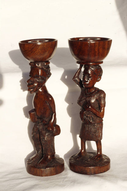 Large 10" African Village Couple candle Stands. Malawian Handcarved Ironwood Candlestick Holders. Ready to ship unique handmade Art Gifts