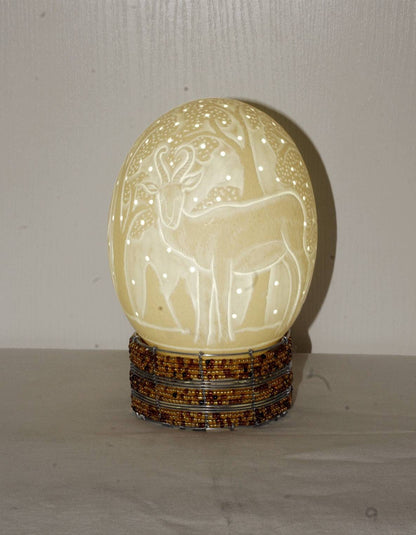 Ostrich Egg Fine Art carved Springbok Impala Antelope Lampshade. Authentic shell with tree and Holes. House lwarming/office light gifts