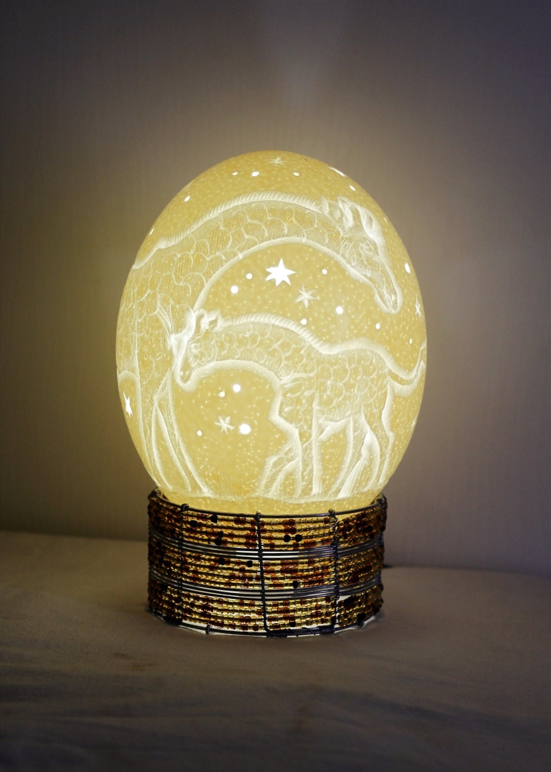 Carved Giraffe mother and Calf Ostrich Egg lampshade with Holes Stars. South African art deco Ready to Ship Gifts. Beaded lampstand optional