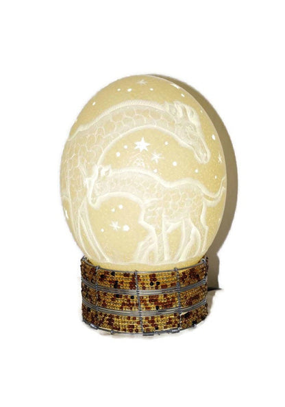 Carved Giraffe mother and Calf Ostrich Egg lampshade with Holes Stars. South African art deco Ready to Ship Gifts. Beaded lampstand optional