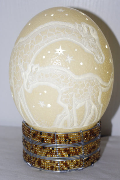 Carved Giraffe mother and Calf Ostrich Egg lampshade with Holes Stars. South African art deco Ready to Ship Gifts. Beaded lampstand optional