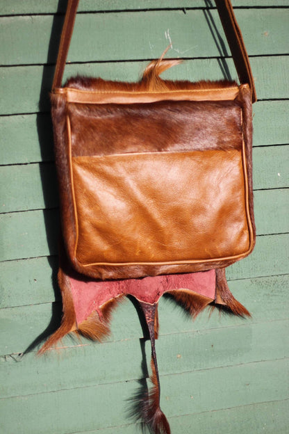 Brown Dyed Antelope, Springbok Leather Large Slingbag/Messenger bag. Original leather with furs African animal themed bag. 30cm x 30cm Gifts