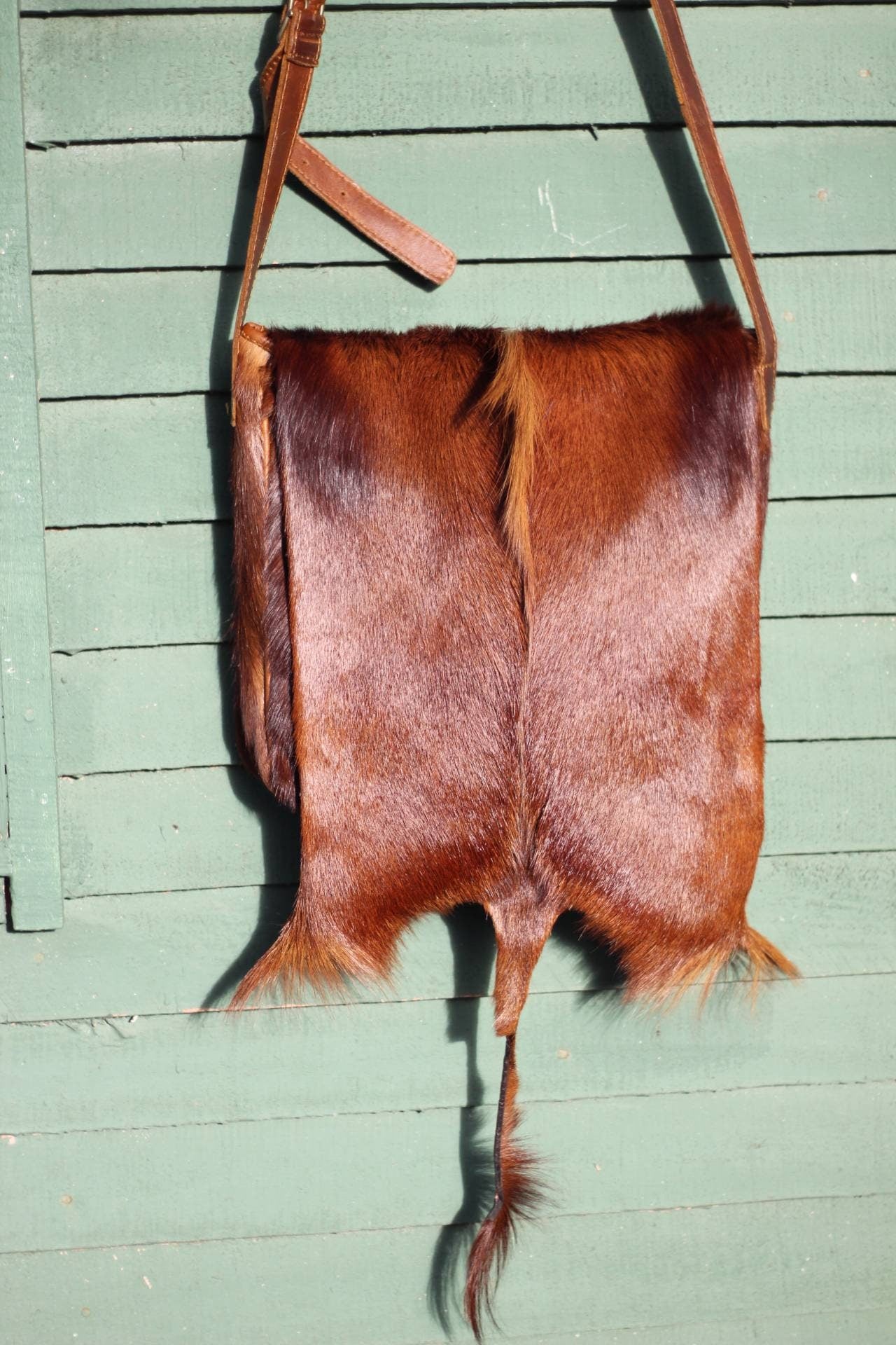 Brown Dyed Antelope, Springbok Leather Large Slingbag/Messenger bag. Original leather with furs African animal themed bag. 30cm x 30cm Gifts