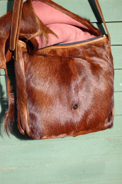 Brown Dyed Antelope, Springbok Leather Large Slingbag/Messenger bag. Original leather with furs African animal themed bag. 30cm x 30cm Gifts