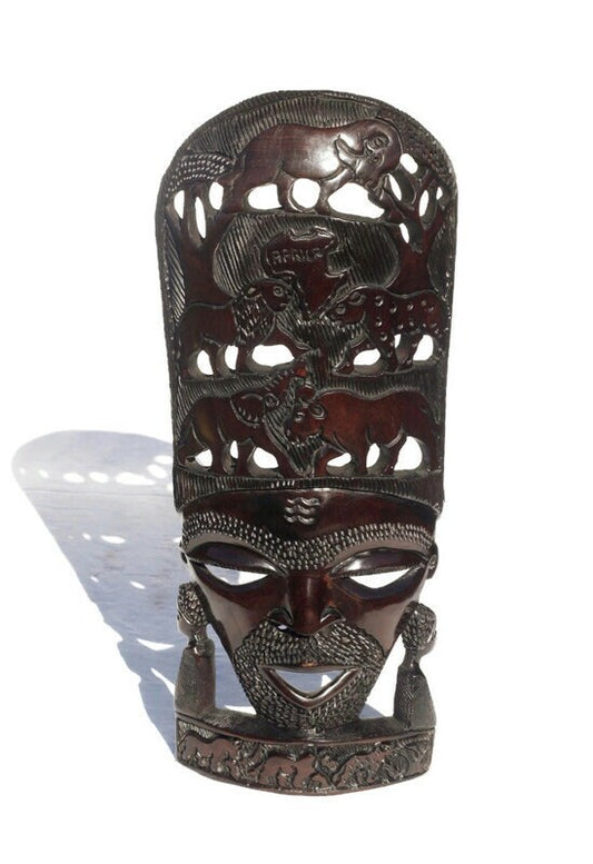 African Man Face Standing Mask with Big 5 Animal Carvings. Handcarved interior decor tribal art. Large, Brown iron Wood Decor. Ready to Ship