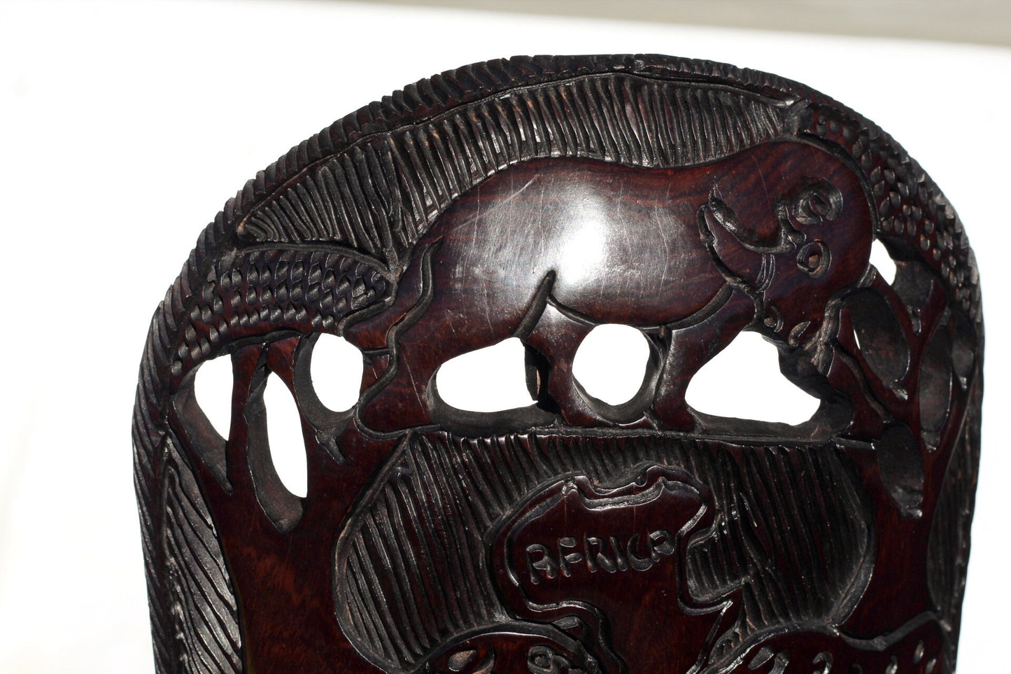 African Man Face Standing Mask with Big 5 Animal Carvings. Handcarved interior decor tribal art. Large, Brown iron Wood Decor. Ready to Ship