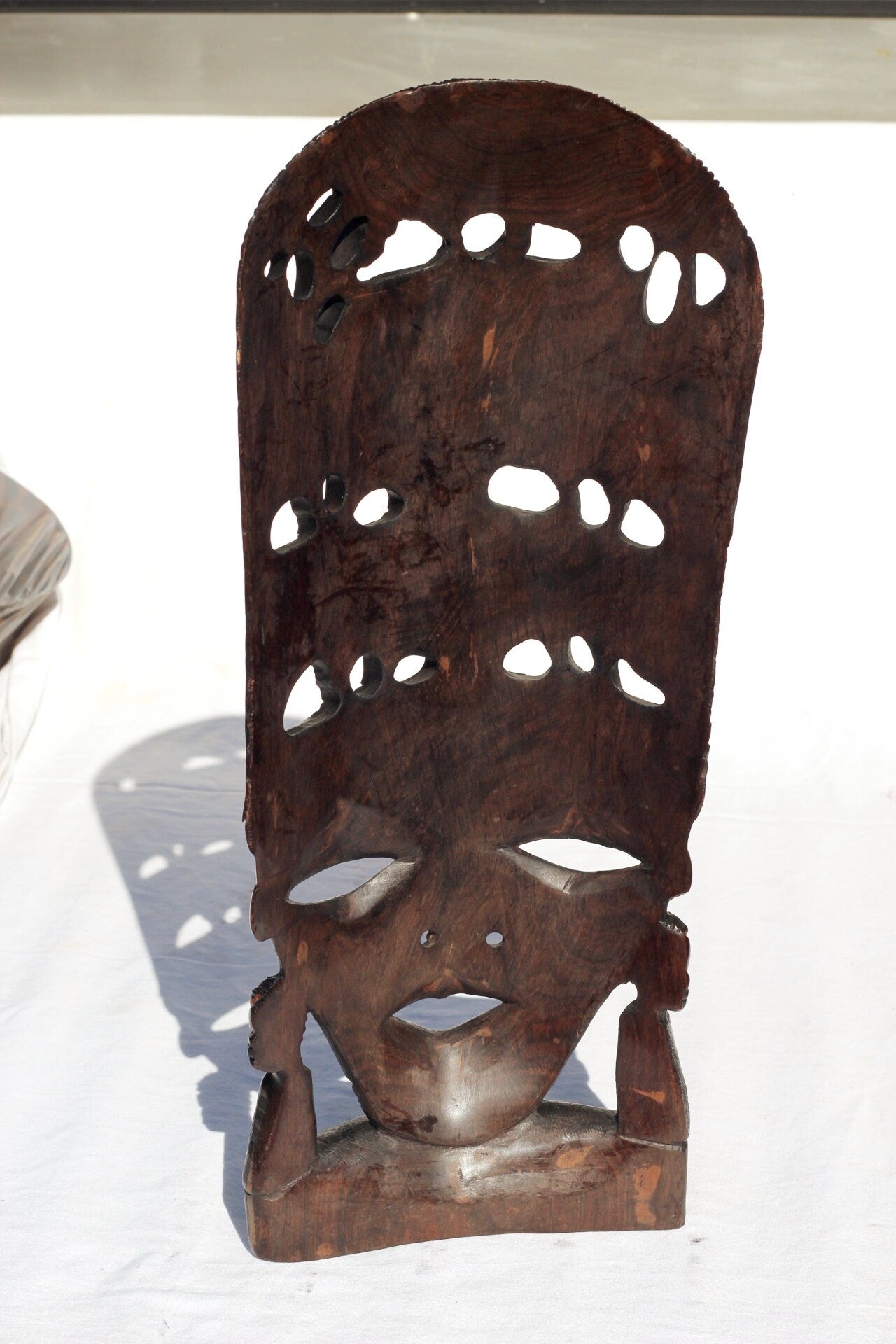 African Man Face Standing Mask with Big 5 Animal Carvings. Handcarved interior decor tribal art. Large, Brown iron Wood Decor. Ready to Ship