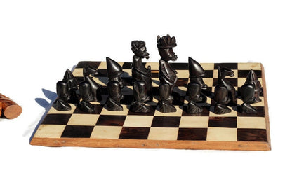 African Themed Chess Set, Malawian Handcarved 14"x14" board. Ebony, Olive and Mahogany wood Souvenir. Ready to Ship Gaming Board Gift