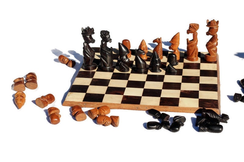 African Themed Chess Set, Malawian Handcarved 14"x14" board. Ebony, Olive and Mahogany wood Souvenir. Ready to Ship Gaming Board Gift