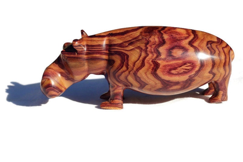 Zebra Wood Carved Hippo. Hand carved Brown smooth Wooden Hippopotamus figurines. Unique handcrafted African animals gifts, Express Shipping.