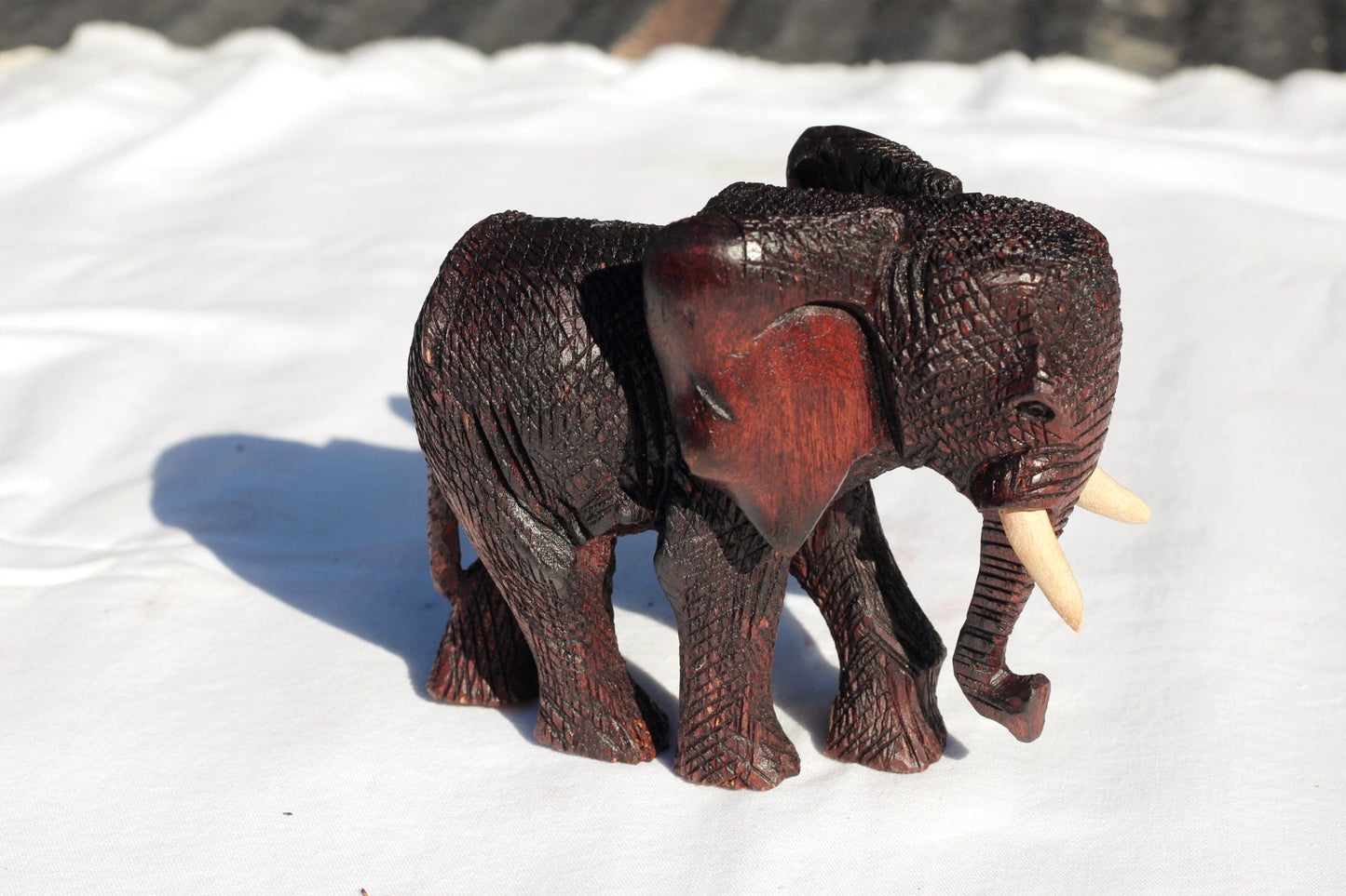 Handcarved Zimbabwean Mukwa Wood Elephant. Dark Brown detailed and Polished African art Souvenirs. Unique housewarming gifts, Ready to Ship.