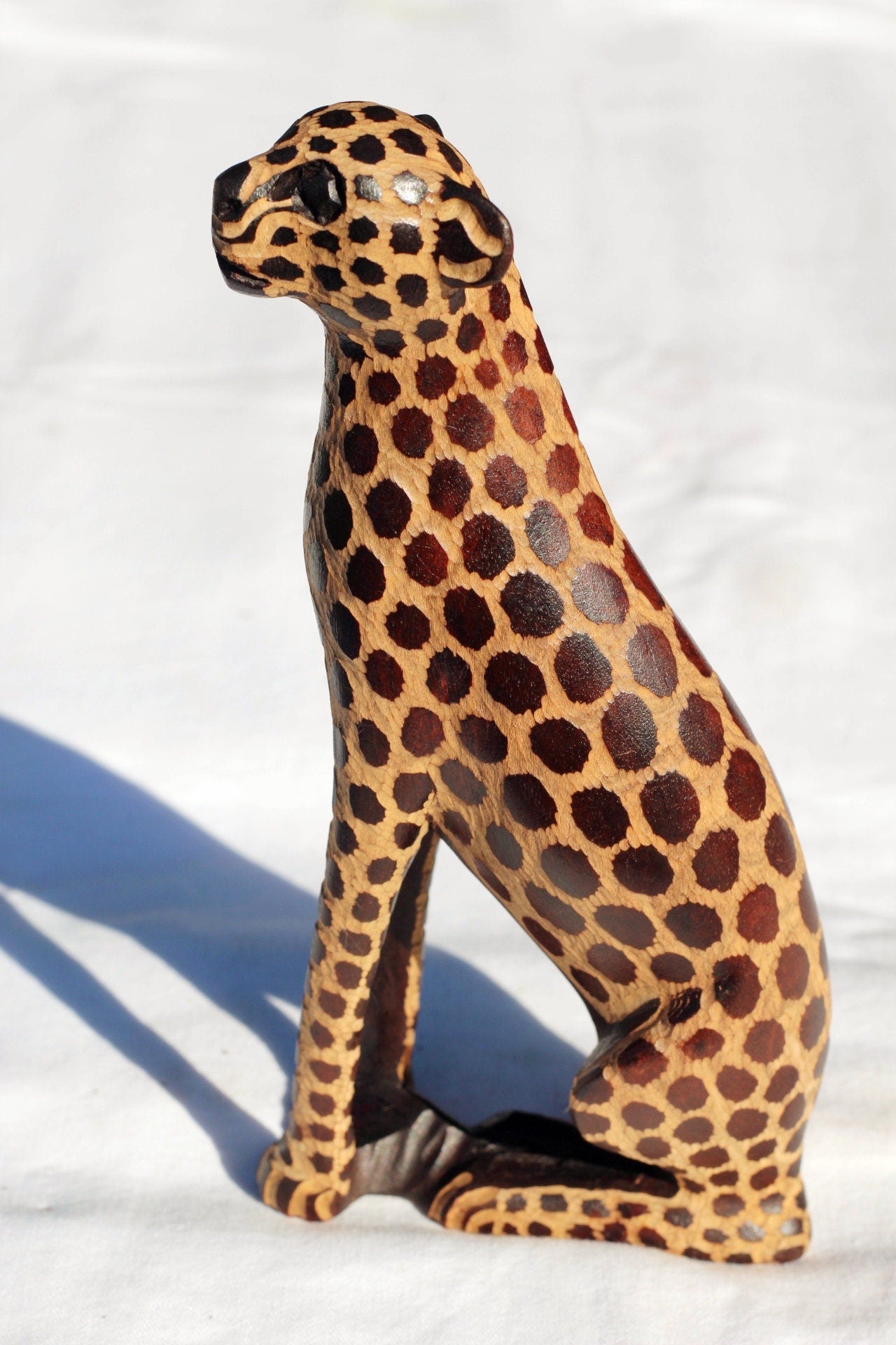 Single or Pair Seating Cheetah Figurines. Olive wood gouged spotted hand carved big cat Sculptures. African art Safari Decor ready to Ship