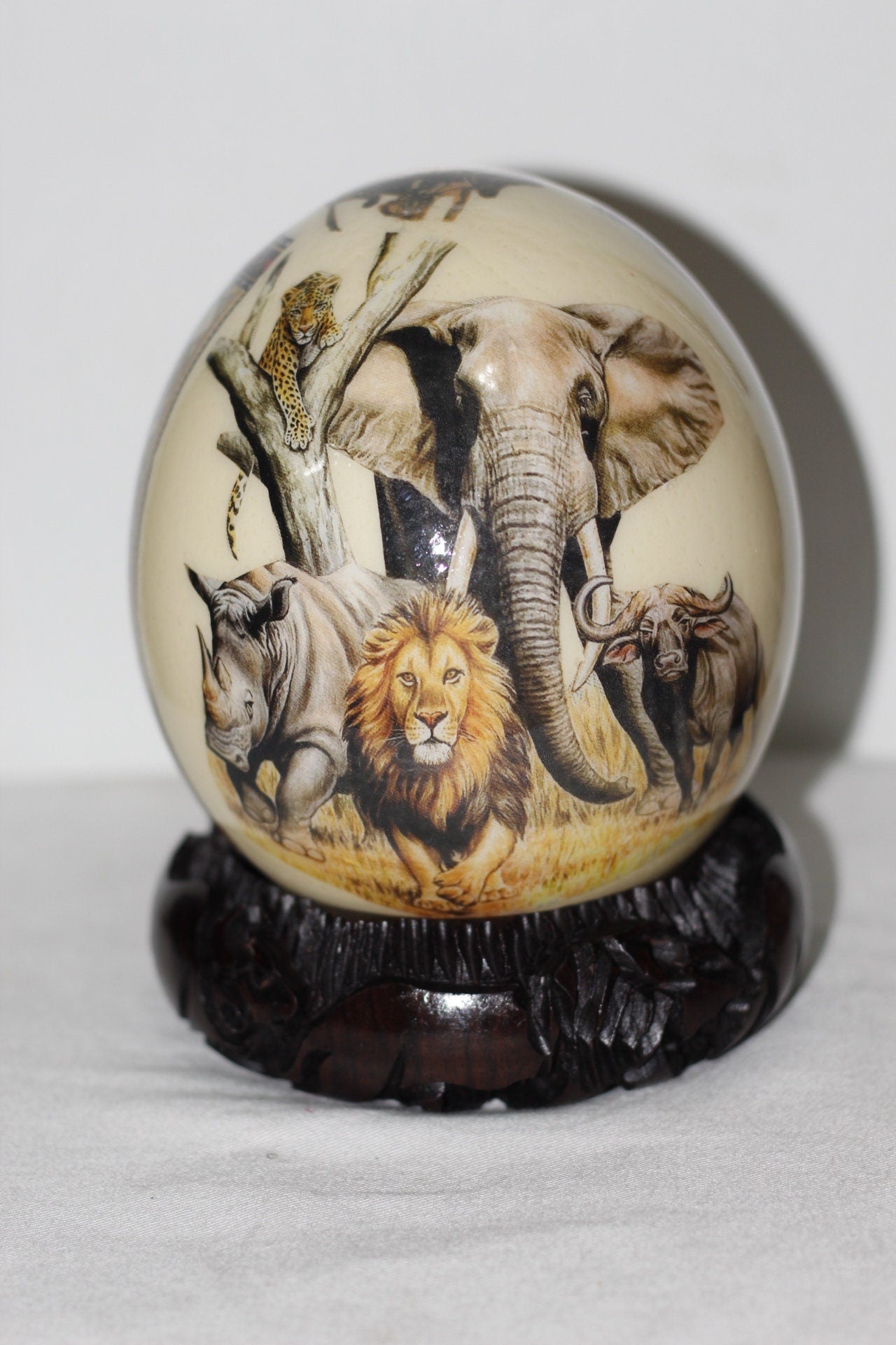 African Big Five Decoupage Shell. Ostrich Egg with big 5 Animals and African Map and Leopard print on a clear background. Ready to Ship Gift