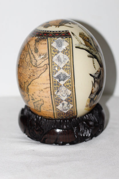 African Big Five Decoupage Shell. Ostrich Egg with big 5 Animals and African Map and Leopard print on a clear background. Ready to Ship Gift