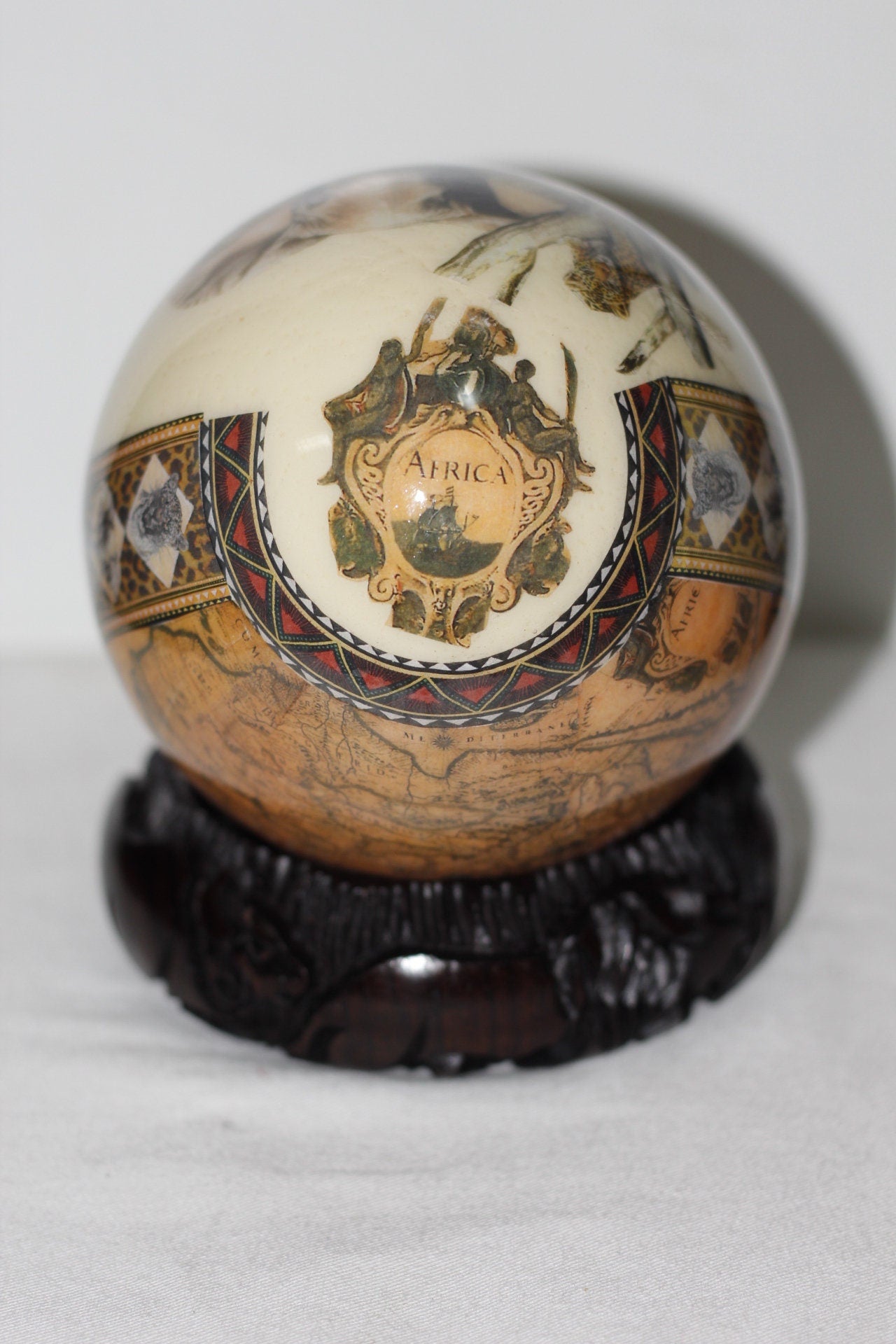 African Big Five Decoupage Shell. Ostrich Egg with big 5 Animals and African Map and Leopard print on a clear background. Ready to Ship Gift