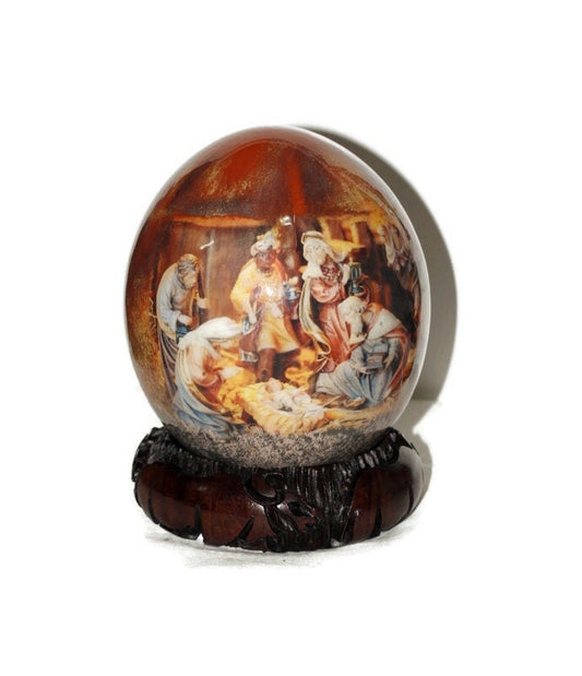 Religious Decoupage Ostrich Egg Shell with shepherds bringing gifts to Jesus. Unique home/Office decor African Art Gifts. Maroon Red Theme