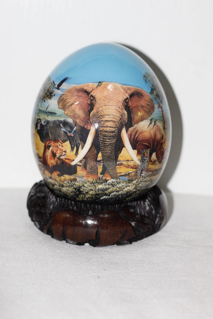 African Big Five Animals Decoupage Ostrich Egg shell. Day Blue Sky Safari Art gifts. Unique Ornament with carved wood stand. Ready to Ship