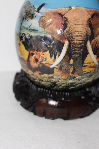 African Big Five Animals Decoupage Ostrich Egg shell. Day Blue Sky Safari Art gifts. Unique Ornament with carved wood stand. Ready to Ship