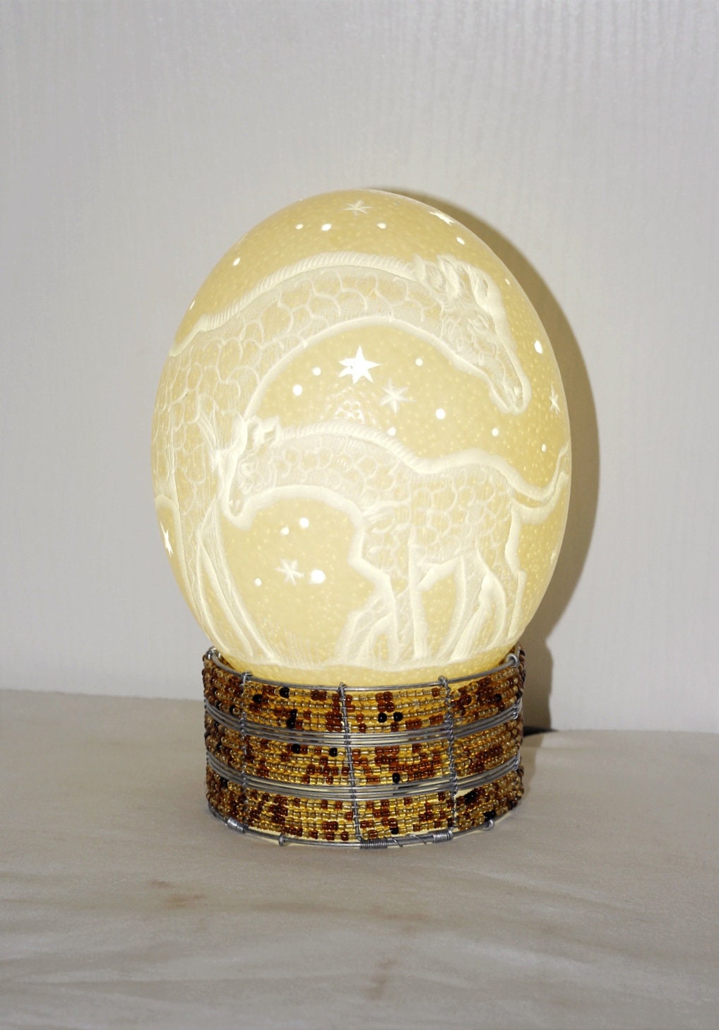 Carved Giraffe mother and Calf Ostrich Egg lampshade with Holes Stars. South African art deco Ready to Ship Gifts. Beaded lampstand optional