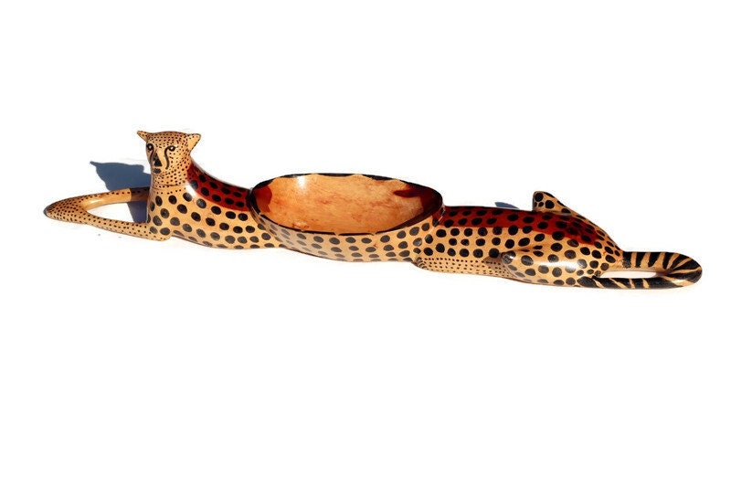 Seating Cheetah, handcarved Teak Wood Snack bowl Table Centerpiece. Brown and black Big Cat Safari Decor, ready to Ship African Art Gifts.