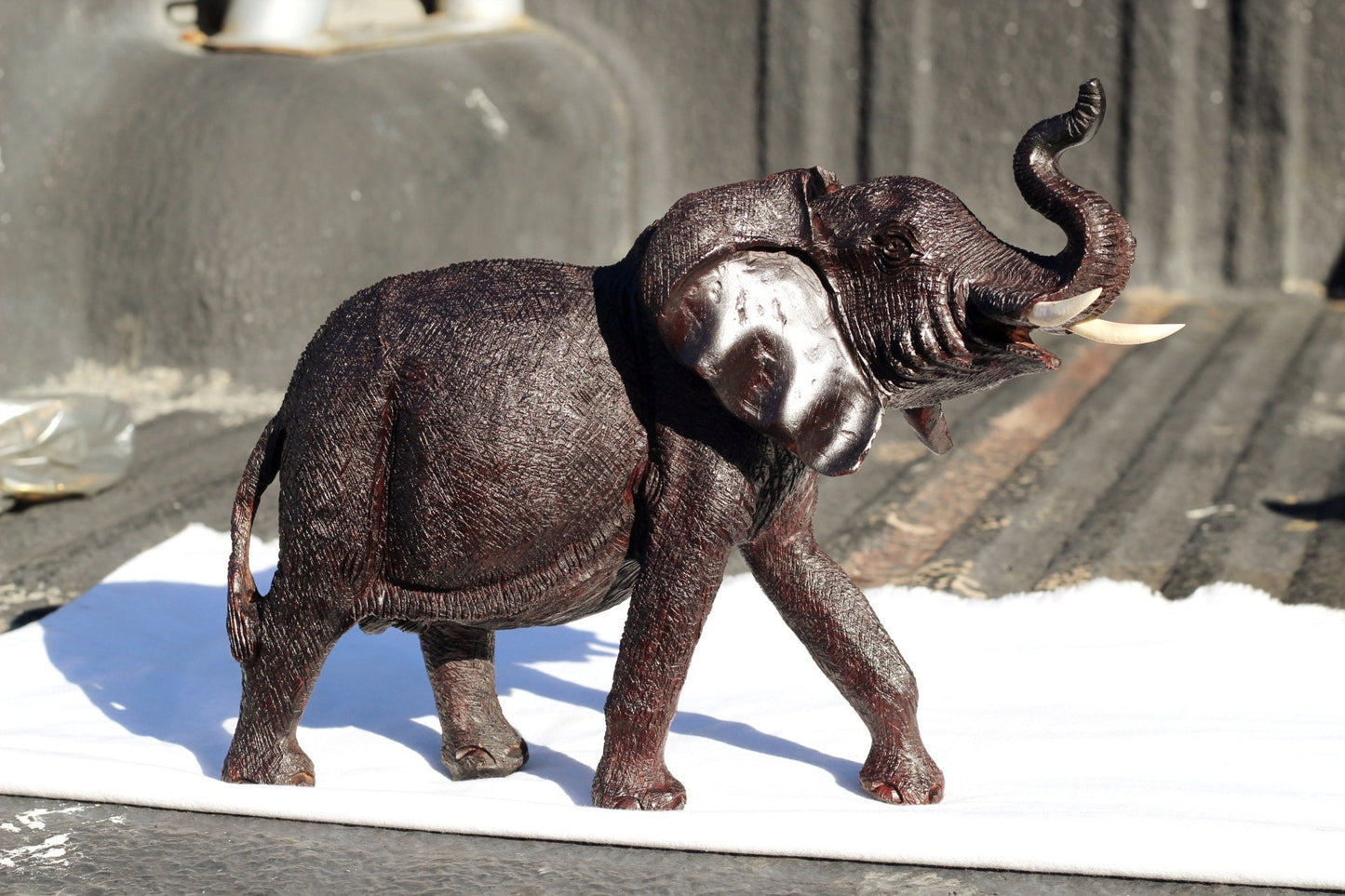 Charging Large Fine Art Elephant Bull Ironwood Sculpture. Zimbabwean handcarved fully detailed lifelike figurines. African Big 5 Décor gifts