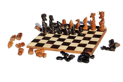 African Themed Chess Set, Malawian Handcarved 14"x14" board. Ebony, Olive and Mahogany wood Souvenir. Ready to Ship Gaming Board Gift