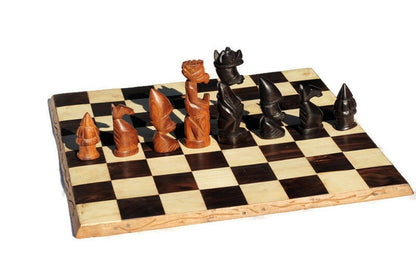 African Themed Chess Set, Malawian Handcarved 14"x14" board. Ebony, Olive and Mahogany wood Souvenir. Ready to Ship Gaming Board Gift