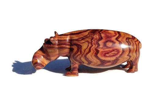 Zebra Wood Carved Hippo. Hand carved Brown smooth Wooden Hippopotamus figurines. Unique handcrafted African animals gifts, Express Shipping.