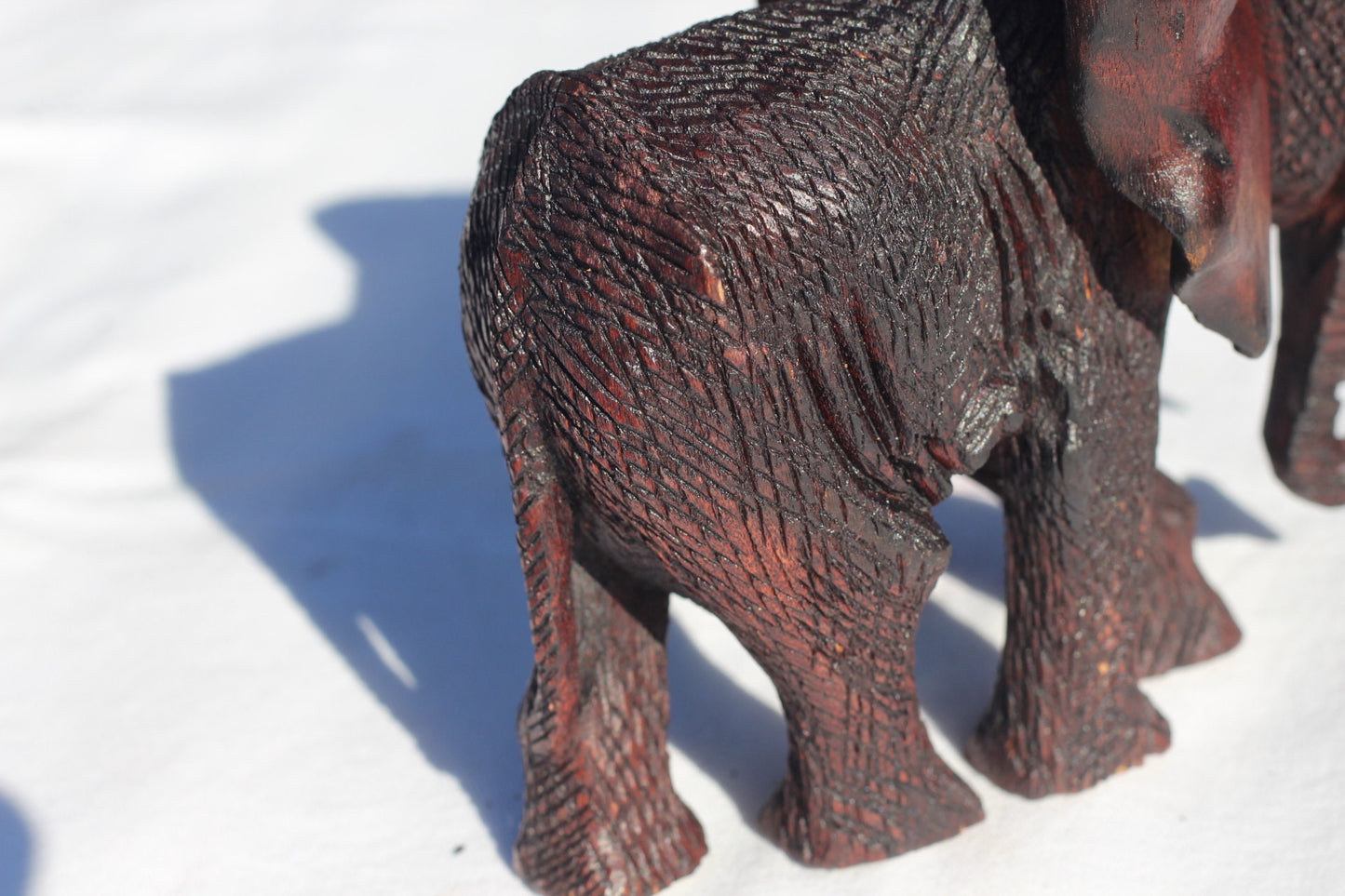 Handcarved Zimbabwean Mukwa Wood Elephant Trunk up. Dark Brown detailed and Polished African art Souvenirs. Unique gifts, Ready to Ship.