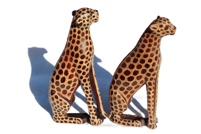 Single or Pair Seating Cheetah Figurines. Olive wood gouged spotted hand carved big cat Sculptures. African art Safari Decor ready to Ship