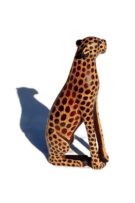 Single or Pair Seating Cheetah Figurines. Olive wood gouged spotted hand carved big cat Sculptures. African art Safari Decor ready to Ship