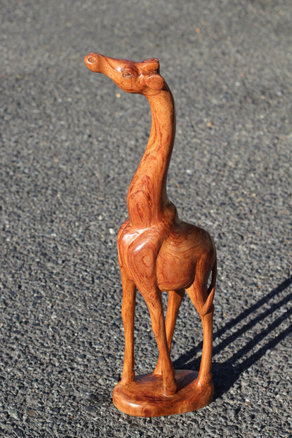 Fine Art Smooth Teak Wood Giraffe feeding/facing up figurine. Tall Zambian Carved Art Sculpture. Home/office decor, African animals gifts