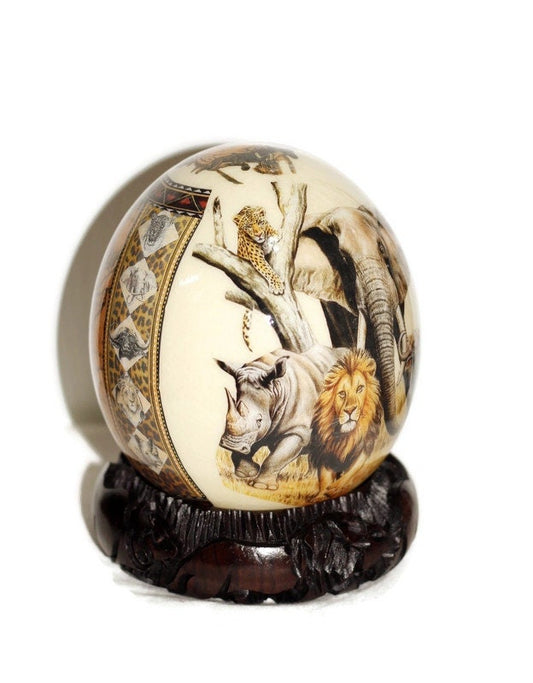 African Big Five Decoupage Shell. Ostrich Egg with big 5 Animals and African Map and Leopard print on a clear background. Ready to Ship Gift