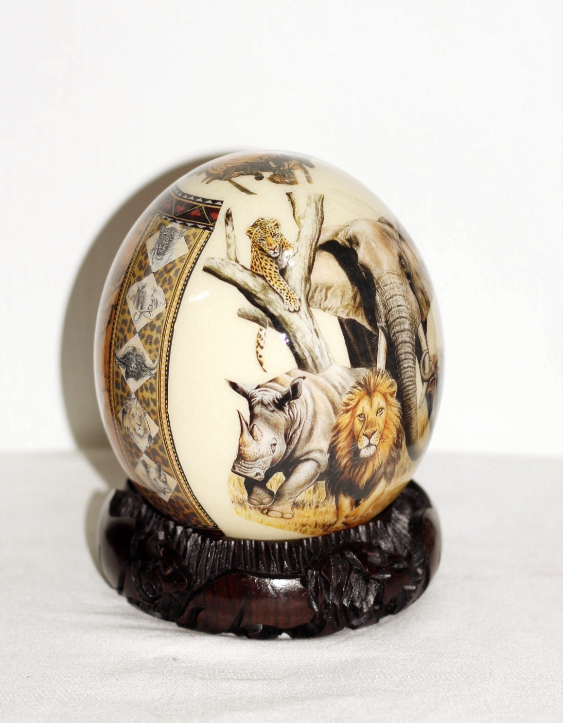 African Big Five Decoupage Shell. Ostrich Egg with big 5 Animals and African Map and Leopard print on a clear background. Ready to Ship Gift