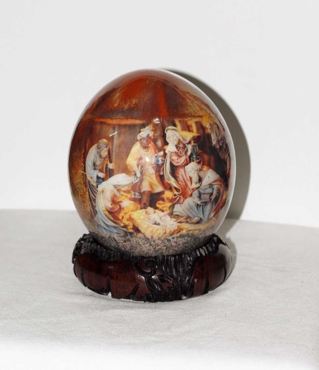 Religious Decoupage Ostrich Egg Shell with shepherds bringing gifts to Jesus. Unique home/Office decor African Art Gifts. Maroon Red Theme