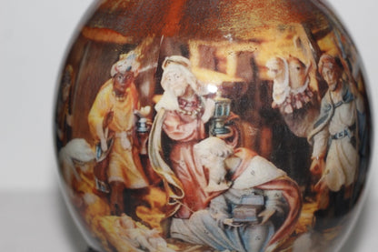 Religious Decoupage Ostrich Egg Shell with shepherds bringing gifts to Jesus. Unique home/Office decor African Art Gifts. Maroon Red Theme