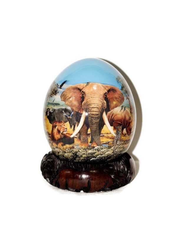 African Big Five Animals Decoupage Ostrich Egg shell. Day Blue Sky Safari Art gifts. Unique Ornament with carved wood stand. Ready to Ship