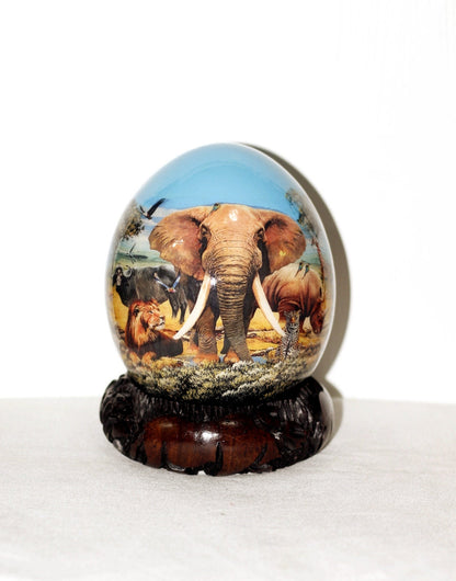 African Big Five Animals Decoupage Ostrich Egg shell. Day Blue Sky Safari Art gifts. Unique Ornament with carved wood stand. Ready to Ship