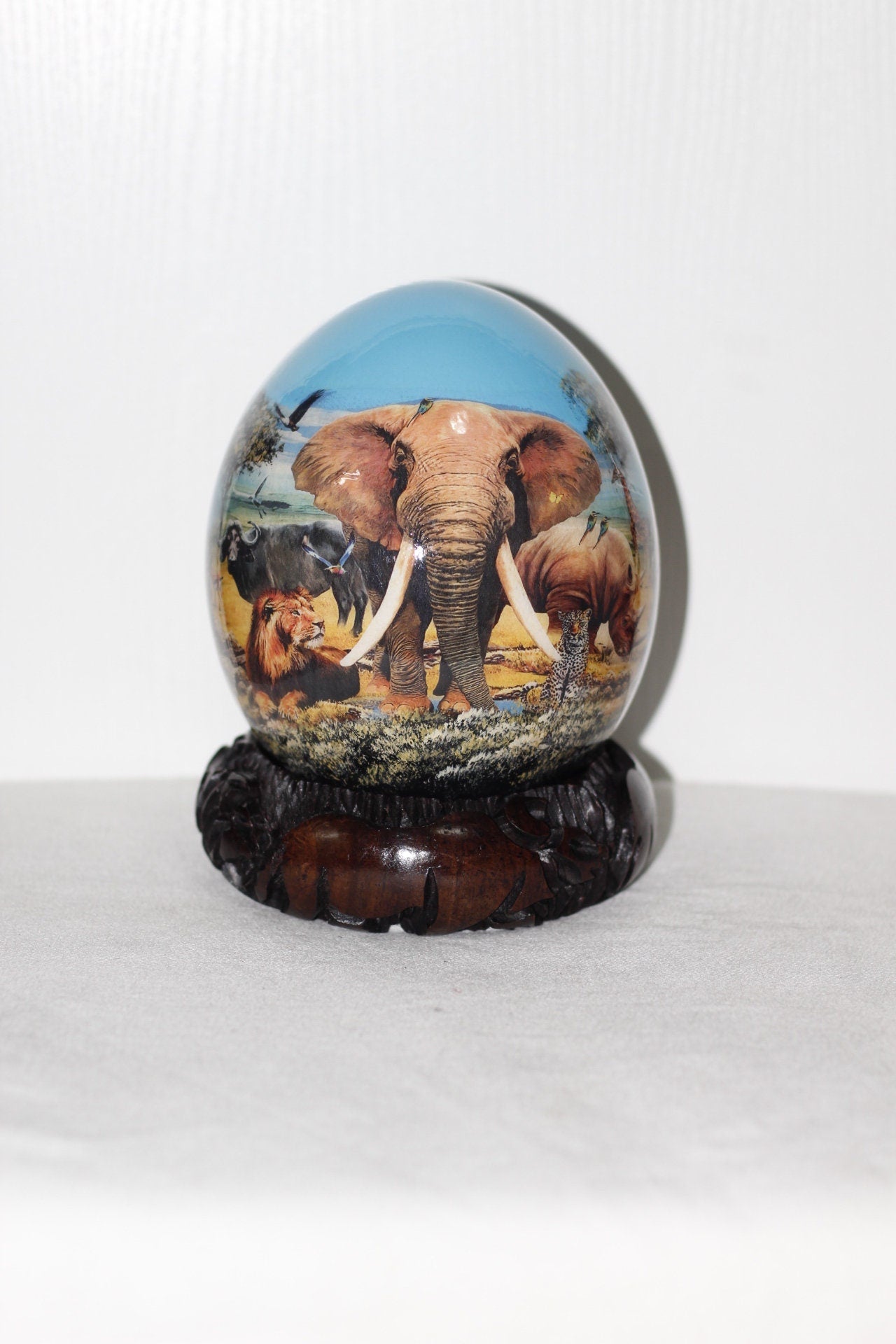 African Big Five Animals Decoupage Ostrich Egg shell. Day Blue Sky Safari Art gifts. Unique Ornament with carved wood stand. Ready to Ship