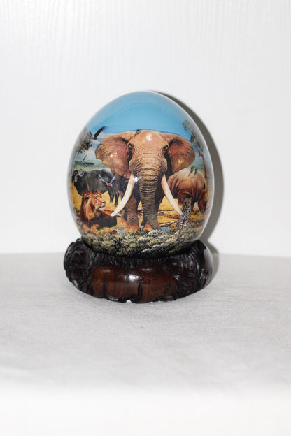 African Big Five Animals Decoupage Ostrich Egg shell. Day Blue Sky Safari Art gifts. Unique Ornament with carved wood stand. Ready to Ship