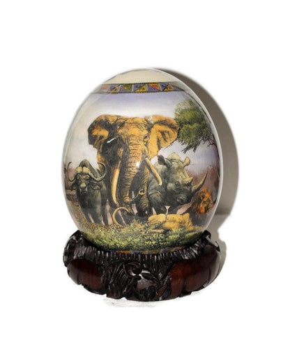 Decoupage Ostrich Egg Big 5 Animals handpainted with daylight forest. Ndebele Print Africa Nova Descriptio Map, Plus Carved wood Stand