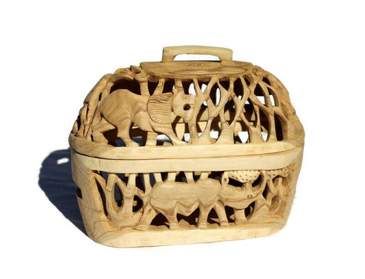 Unpolished Olive Wood Bread Basket with lid. Handcarved African Big Five Animals Art. Amazing Table Centerpiece, Decor Handmade in Zimbabwe