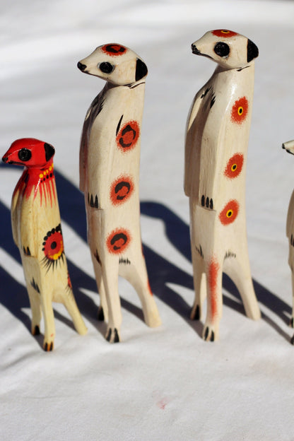 Family of 4 Clear with Orange, Red Painted Meerkat Jacaranda Wood sculptures. Hand Carved figurines. Home/Office interior decor African Art.