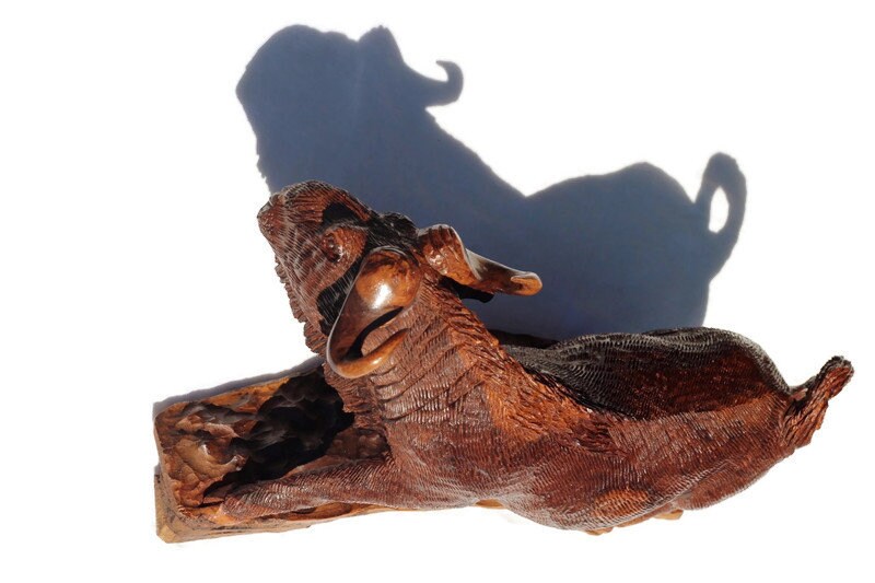 Fine Art Wildebeest Ironwood Handcarved African figurine. Zimbabwean Antelope Carving. Mid Brown Polished, Ready to fight lifelike bull.