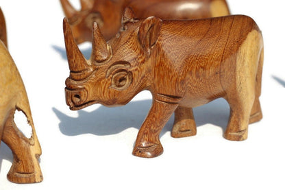 5 Carved Mubanga Wood Rhino figurines. Mini Decor Sculptures for the love of wildlife. African Big 5 thank you gifts.