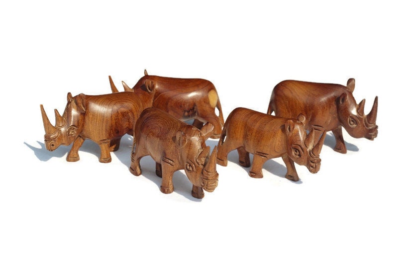 5 Carved Mubanga Wood Rhino figurines. Mini Decor Sculptures for the love of wildlife. African Big 5 thank you gifts.