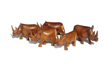 5 Carved Mubanga Wood Rhino figurines. Mini Decor Sculptures for the love of wildlife. African Big 5 thank you gifts.