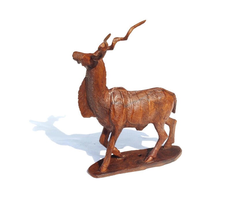 Fine Art Eland / Kudu Ironwood Handcarved figurine. Zimbabwean Antelope Carving. Detailed Safari Animal Masterpiece with Mid Brown Polish.